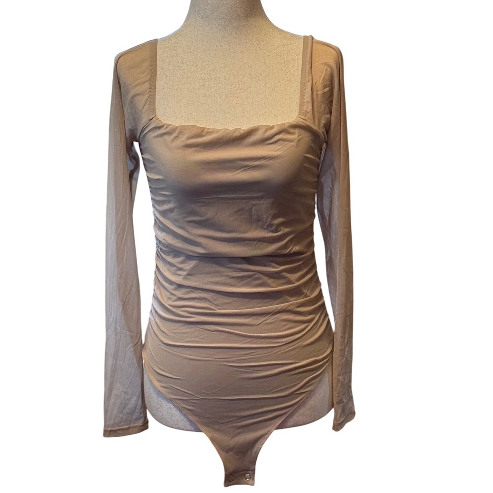 Pinkm Style Ruched‎ Square Neck Long Sleeve Bodysuit Beige Size M